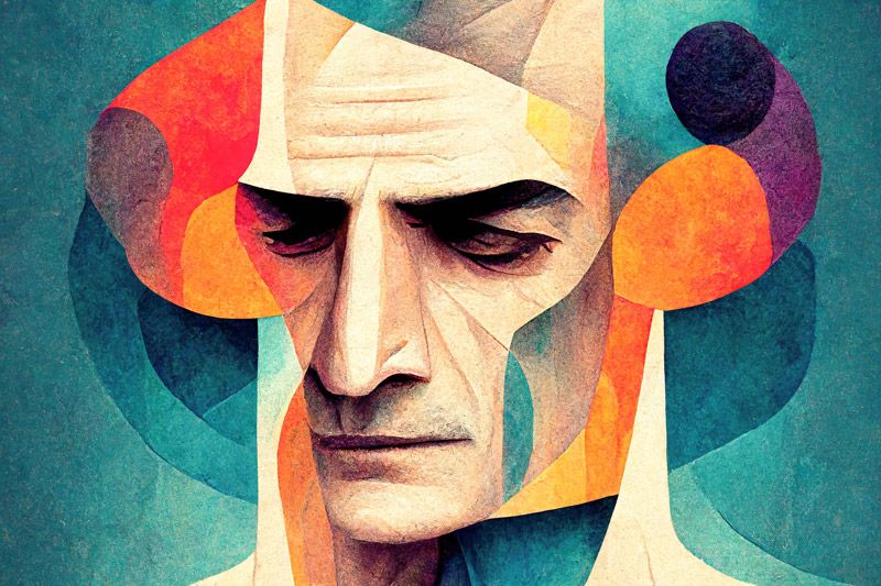Soyut bir portre, düşünceli bir adamın yüzü, canlı renkler ve geometrik şekillerle tasarlanmış.